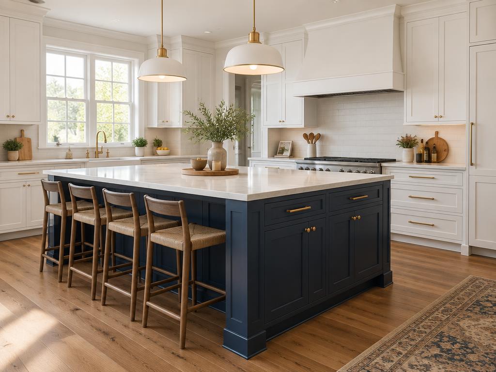 Navy kitchen island cabinets with brass hardware